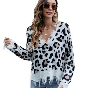 NWOT Graffiti Distressed Fringe Leopard Print Crop Sweater Women’s L PRICE FIRM